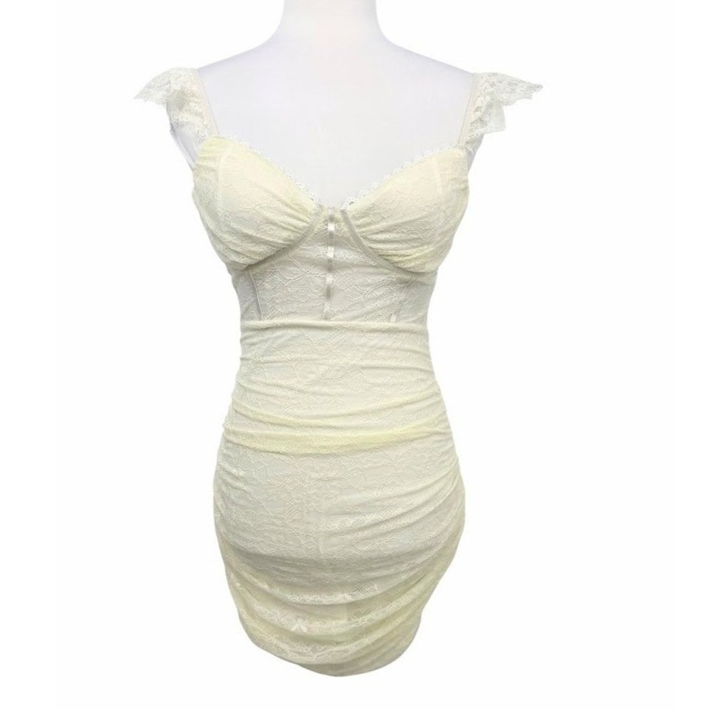 Windsor Lace Mini Dress Medium Cream Ruched Bodycon Bustier Coquette Romantic